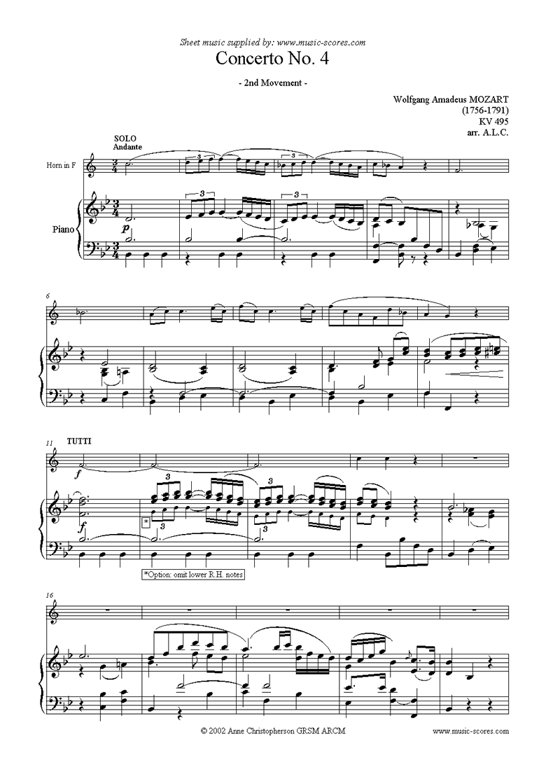 Front page of K495 Horn Concerto in Eb, 2nd Movement: Horn in F sheet music