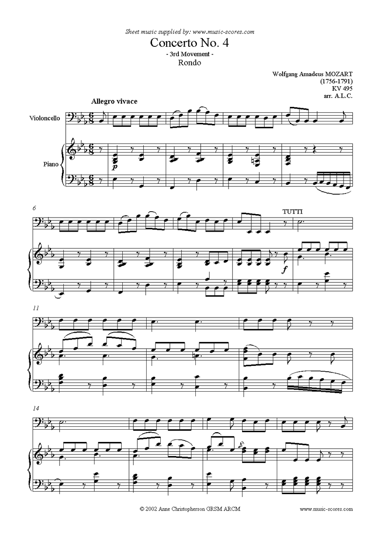 Front page of K495 Horn Concerto in Eb, 3rd Mvt Rondo: Cello sheet music