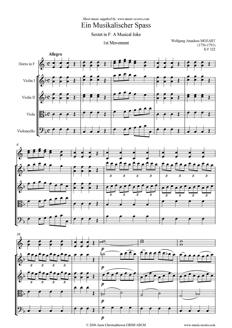 Front page of K522 Musical Joke, 1st movement, Allegro: hns, str sheet music