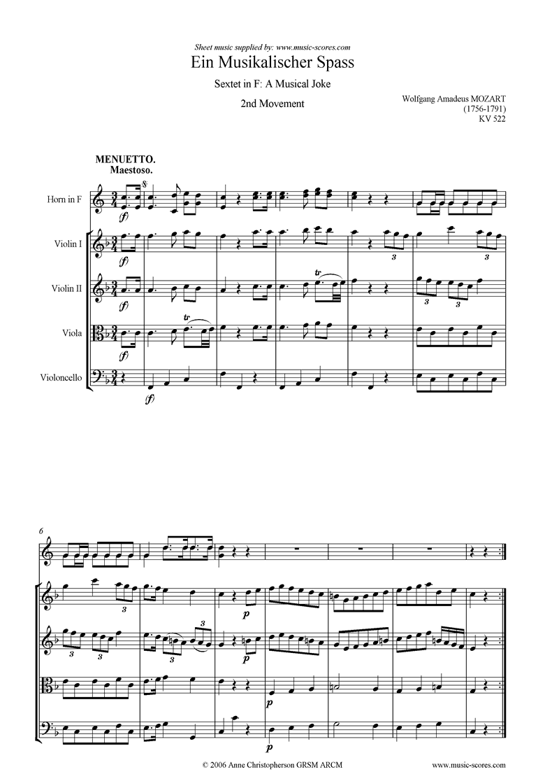 Front page of K522 Musical Joke, 2nd Movement: Menuetto: hn, str sheet music