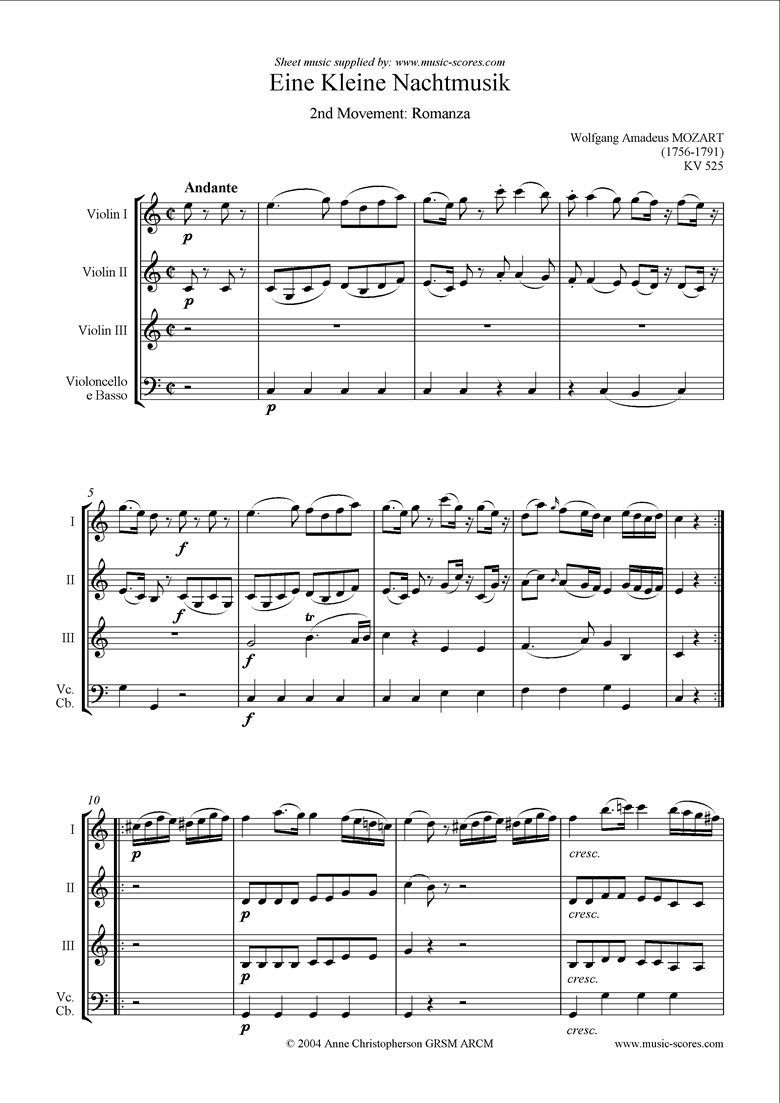 K525 Eine Kleine Nacht Musik 2: Romanza: 3vns & vc by Mozart