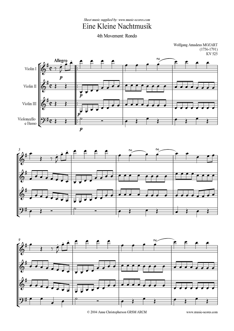 K525 Eine Kleine Nacht Musik 4: Rondo: 3vns & vc by Mozart