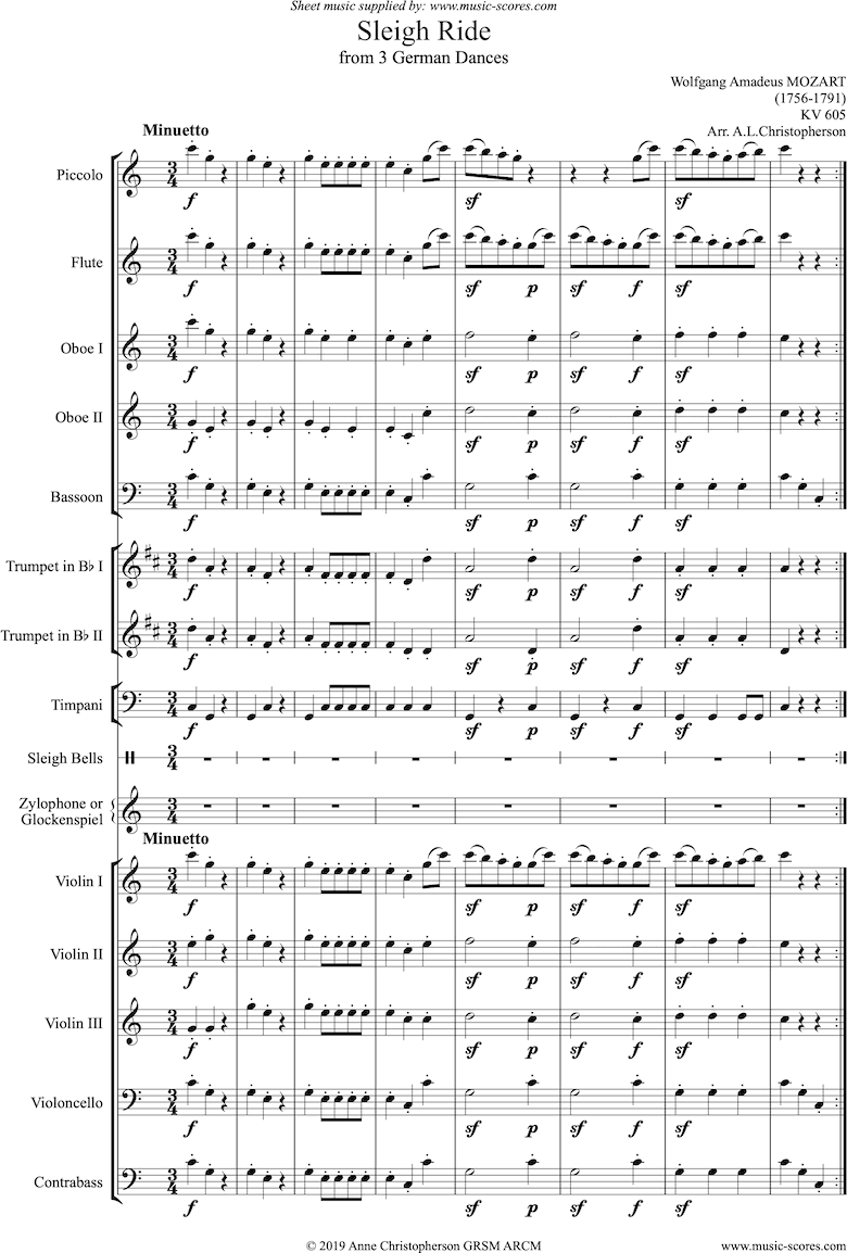 Front page of K605: Sleigh Ride: Orchestra sheet music