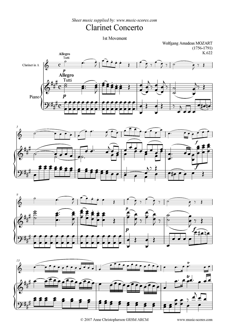 Front page of K622 Clarinet Concerto: 1st mvt: Clarinet in A sheet music