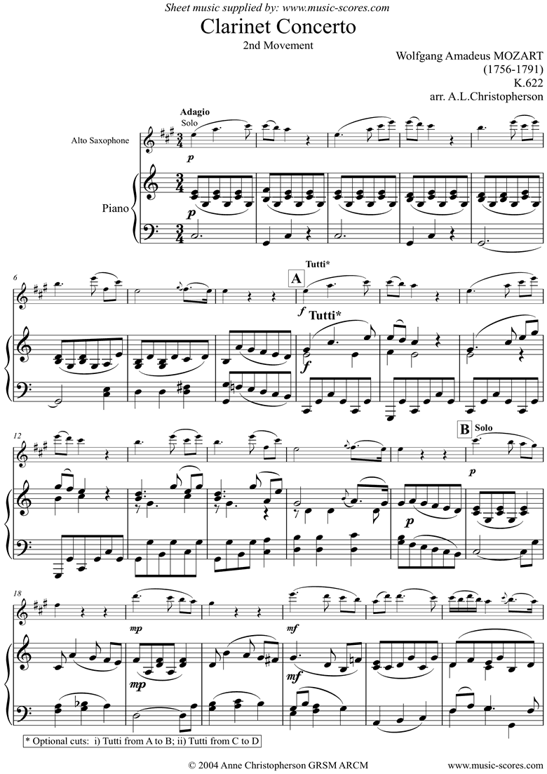 Front page of K622 Clarinet Concerto: Adagio: Alto Sax sheet music