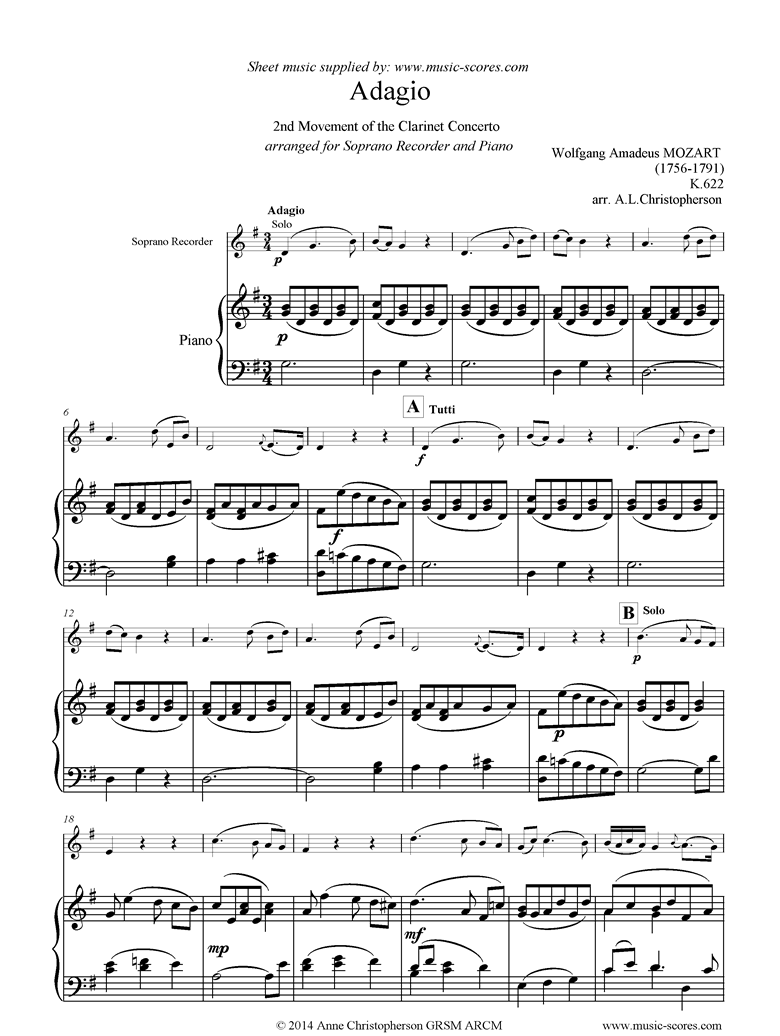 K622 Clarinet Concerto: 2nd: Soprano Recorder by Mozart