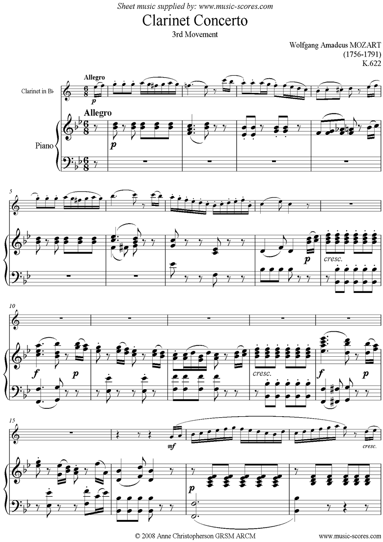 Front page of K622 Clarinet Concerto: 3rd mvt: Bb Clarinet sheet music