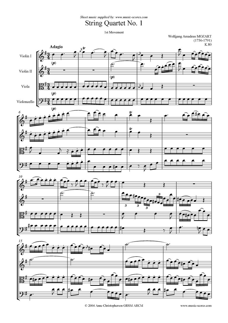 Front page of K080 String Quartet No 01: 1st mvt Adagio sheet music