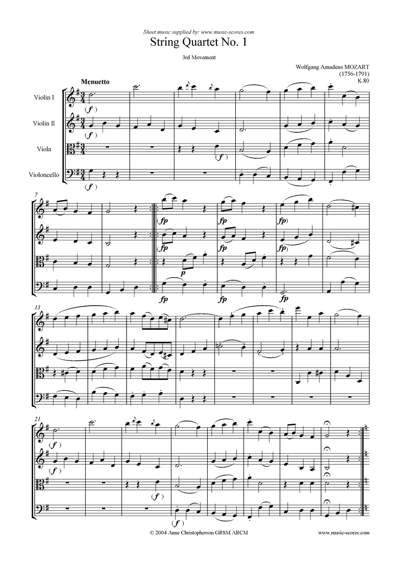 Front page of K080 String Quartet No 01: 3rd mvt Menuetto Trio sheet music