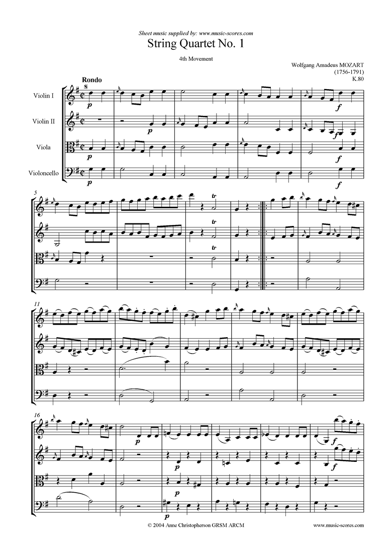 Front page of K080 String Quartet No 01: 4th mvt Rondo sheet music
