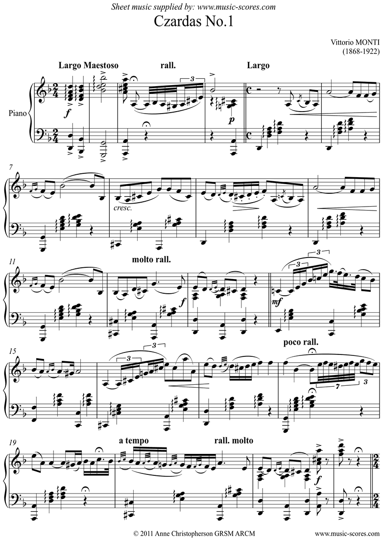 Front page of Czardas No.1: Piano sheet music