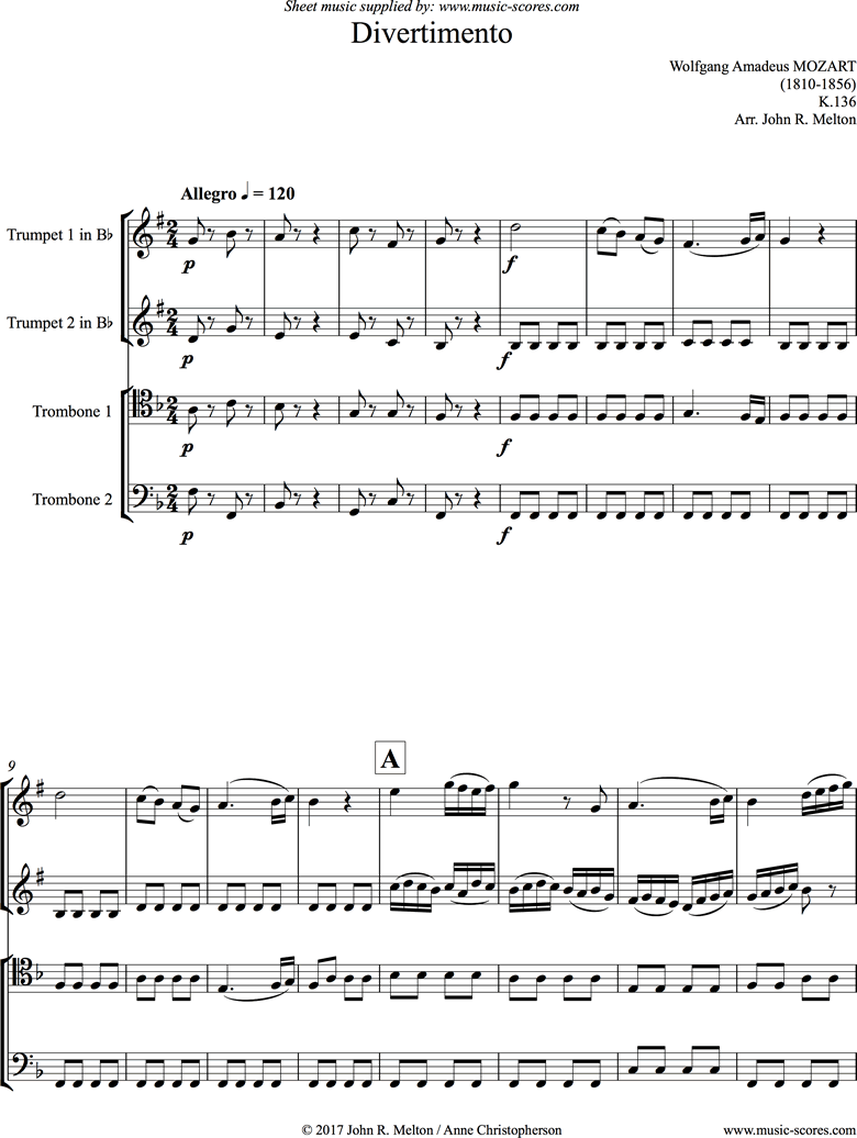 K136:Divertimento: Brass Quartet by Mozart