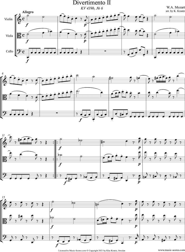Front page of K439b, K.Anh229 Divertimento No 02: 1st mvt, Allegro: String trio sheet music