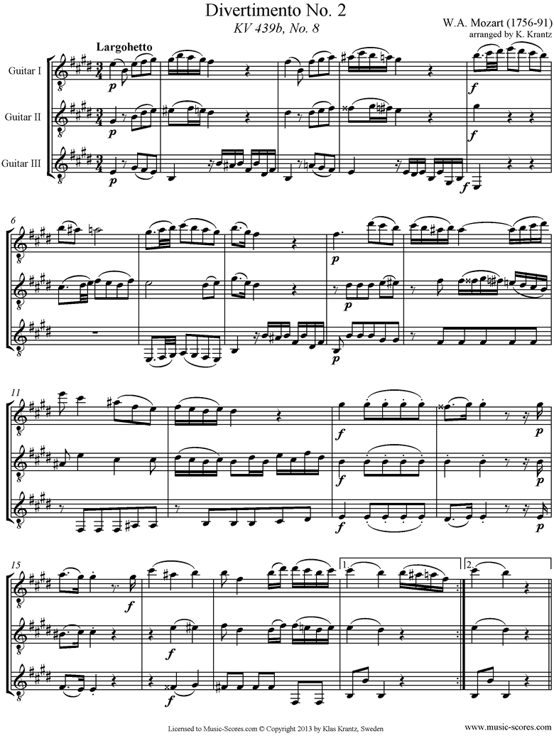Front page of K439b, K.Anh229 Divertimento No 02: 3rd mvt, Larghetto: 3 Guitars sheet music