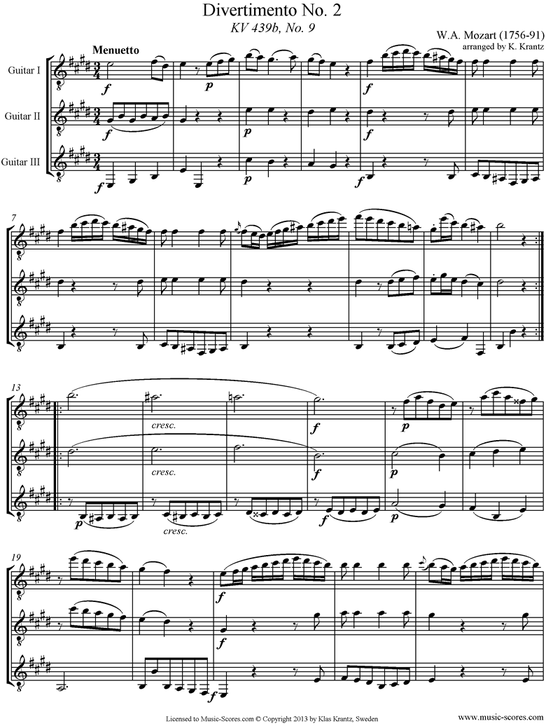 Front page of K439b, K.Anh229 Divertimento No 02: 4th mvt, Minuet and Trio: 3 Guitars sheet music