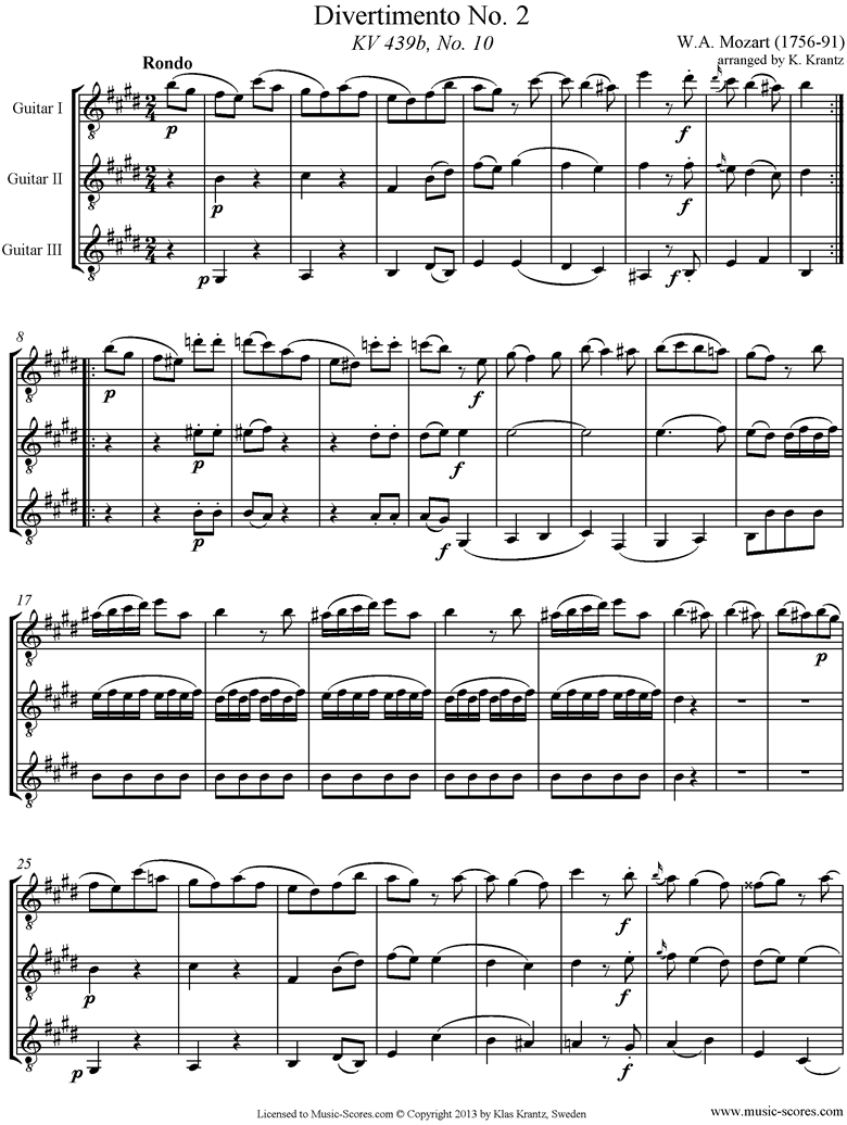 Front page of K439b, K.Anh229 Divertimento No 02: 5th mvt, Rondo: 3 Guitars sheet music