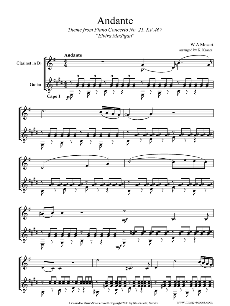 Front page of K467 Piano Concerto 21, 2nd mvt Elvira Madigan: Clarinet, Guitar Capo I sheet music