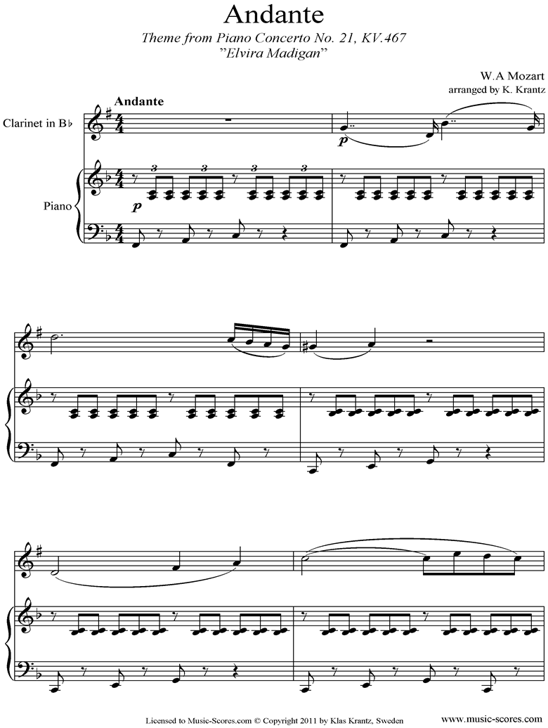 K467 Piano Concerto 21, 2nd mvt Elvira Madigan: Clarinet, Piano by Mozart