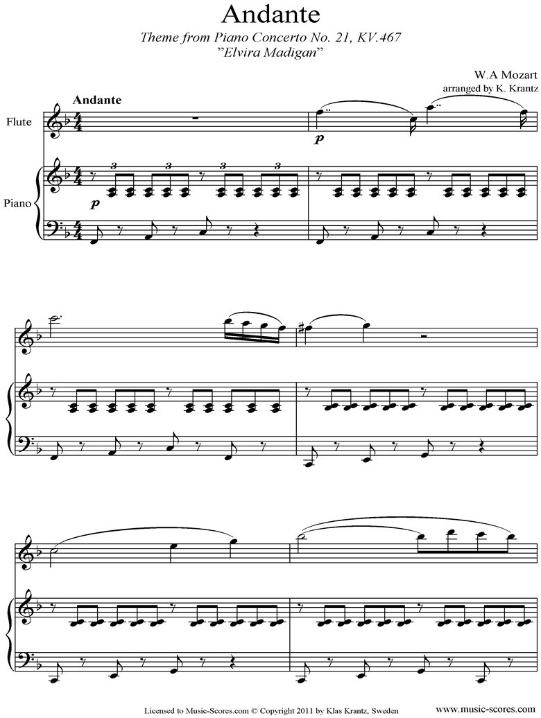 K467 Piano Concerto 21, 2nd mvt Elvira Madigan: Flute, Piano by Mozart