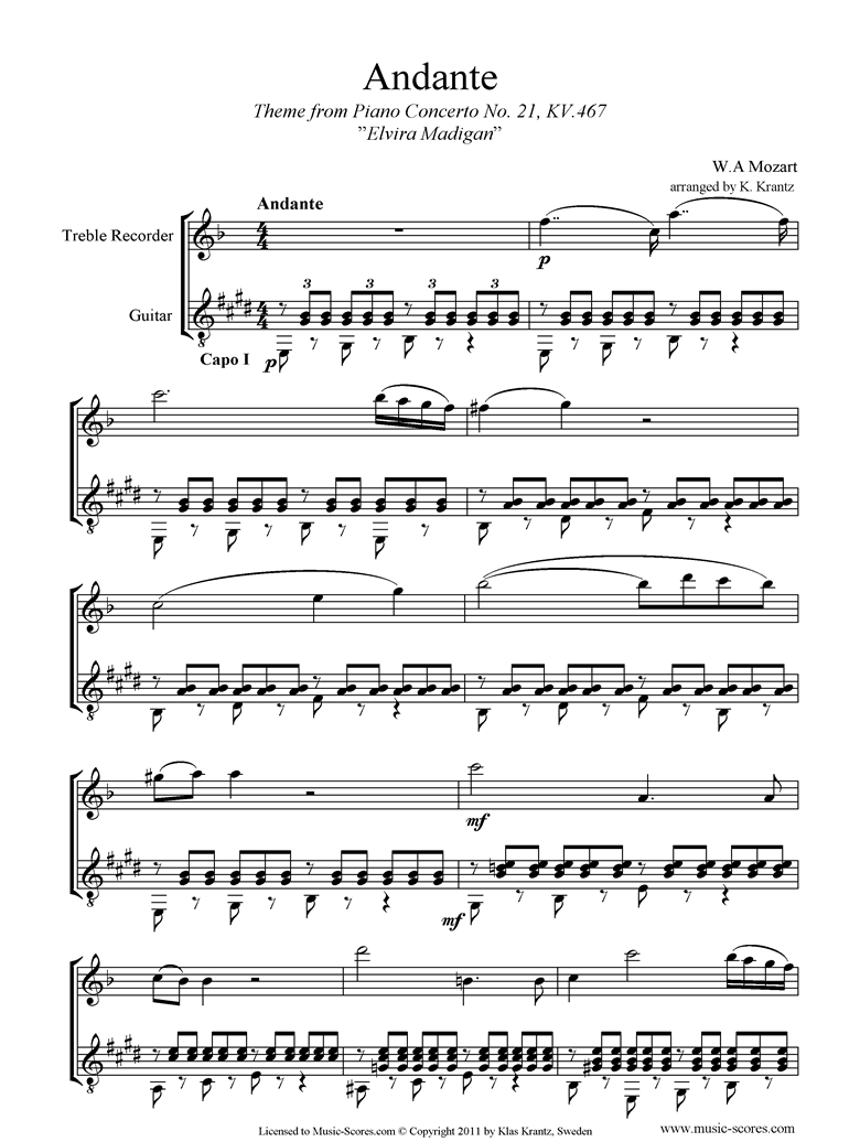 Front page of K467 Piano Concerto 21, 2nd mvt Elvira Madigan: Treble Recorder, Guitar sheet music
