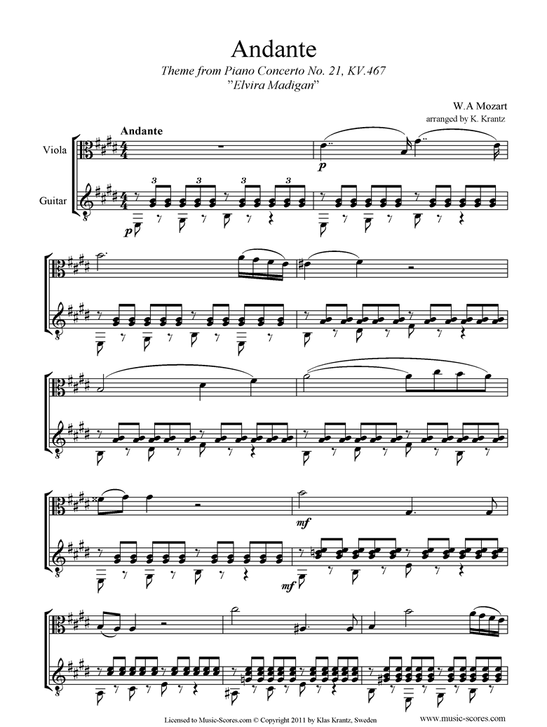 Front page of K467 Piano Concerto 21, 2nd mvt Elvira Madigan: Viola, Guitar sheet music