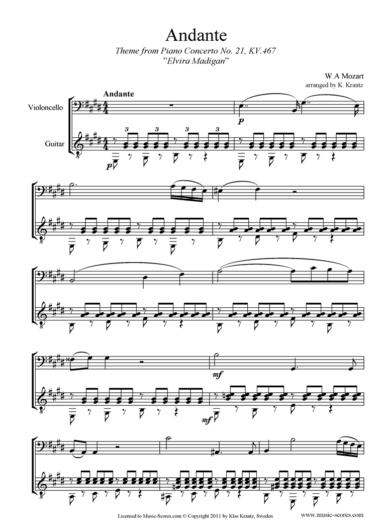 K467 Piano Concerto 21, 2nd mvt Elvira Madigan: Cello, Guitar by Mozart