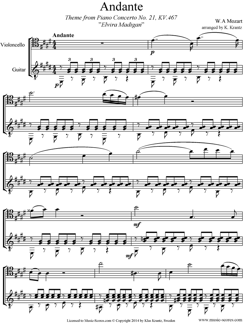 K467 Piano Concerto 21, 2nd mvt Elvira Madigan: Cello, Piano by Mozart
