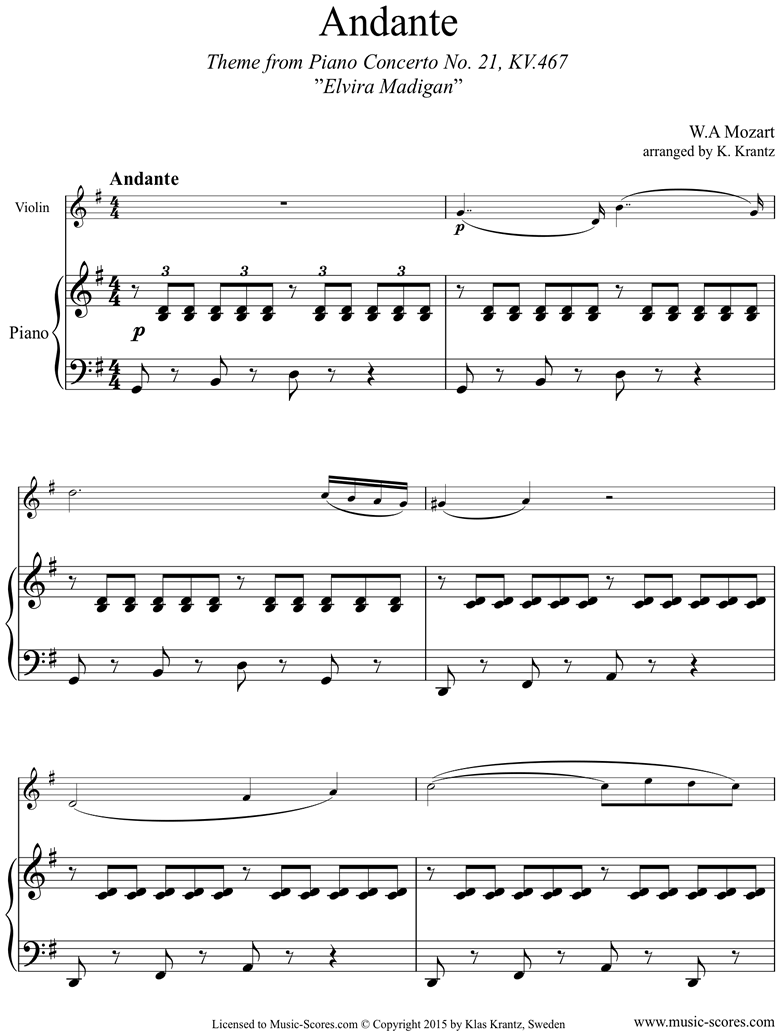 K467 Piano Concerto 21, 2nd mvt Elvira Madigan: Violin, Piano by Mozart