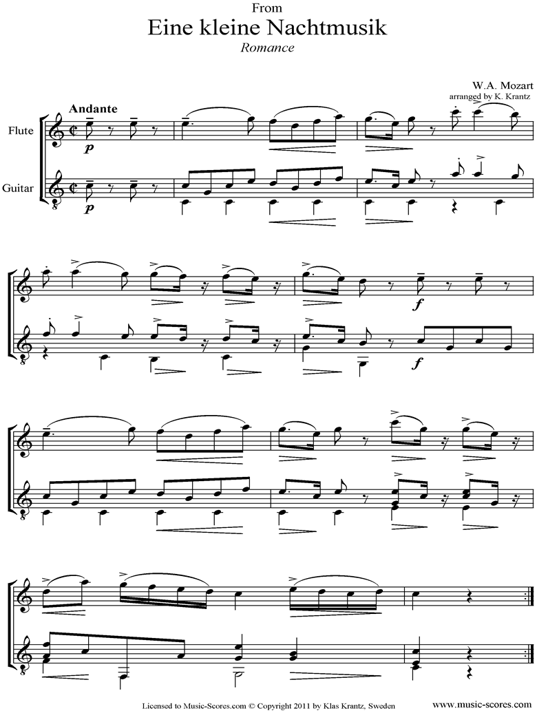 K525 Eine Kleine Nacht Musik 2: Romanza: Flute and Guitar  by Mozart