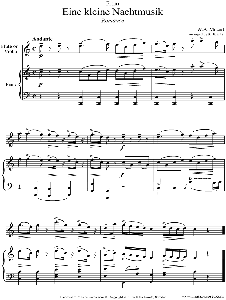 K525 Eine Kleine Nacht Musik 2: Romanza: Flute and Piano  by Mozart
