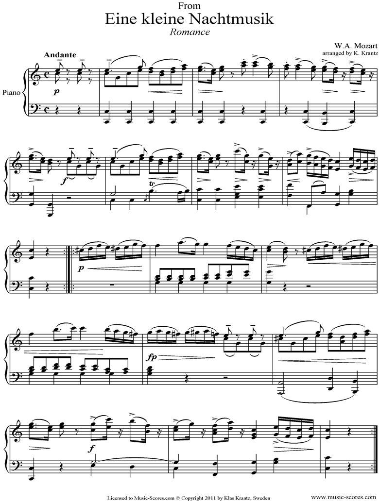 K525 Eine Kleine Nacht Musik 2: Romanza: Piano  by Mozart