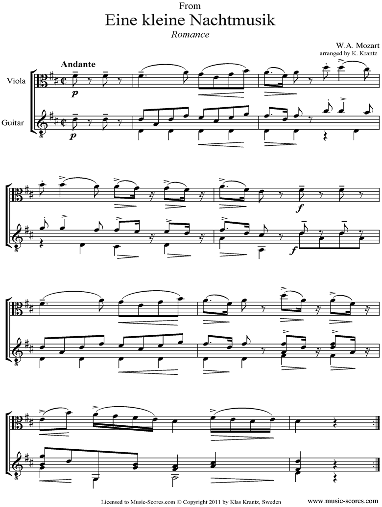 K525 Eine Kleine Nacht Musik 2: Romanza: Viola and Guitar  by Mozart