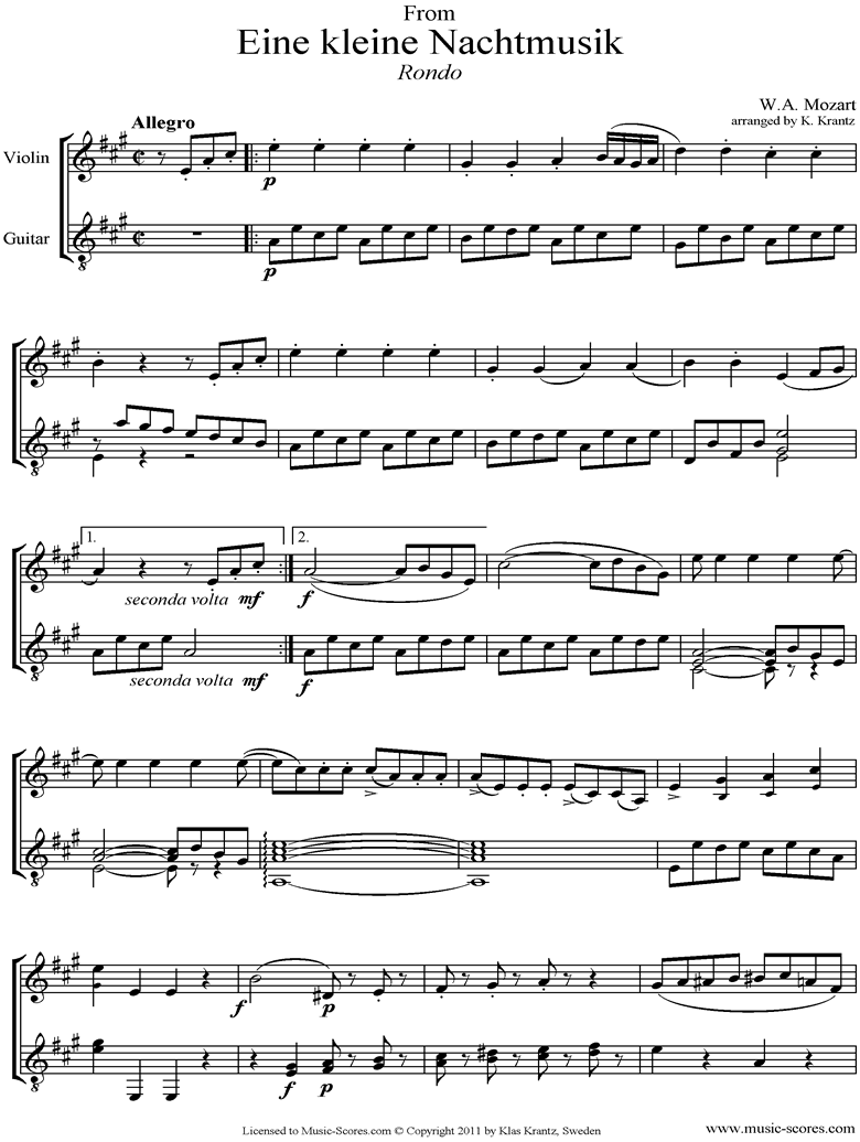 K525 Eine Kleine Nacht Musik 4: Rondo: Violin, Guitar by Mozart