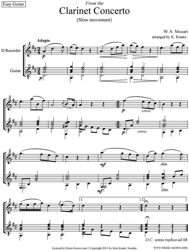 K622 Clarinet Concerto: 2nd: Descant Recorder, Guitar by Mozart