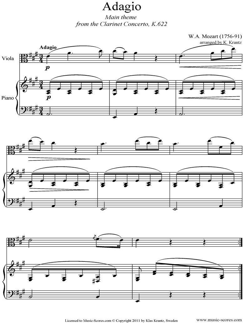 Front page of K622 Clarinet Concerto: 2nd: Viola, Piano sheet music
