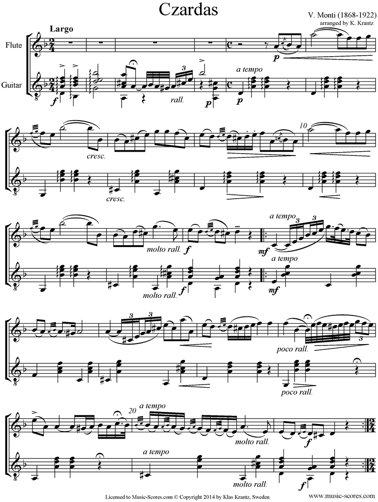 Czardas No.1: Flute, Guitar by Monti