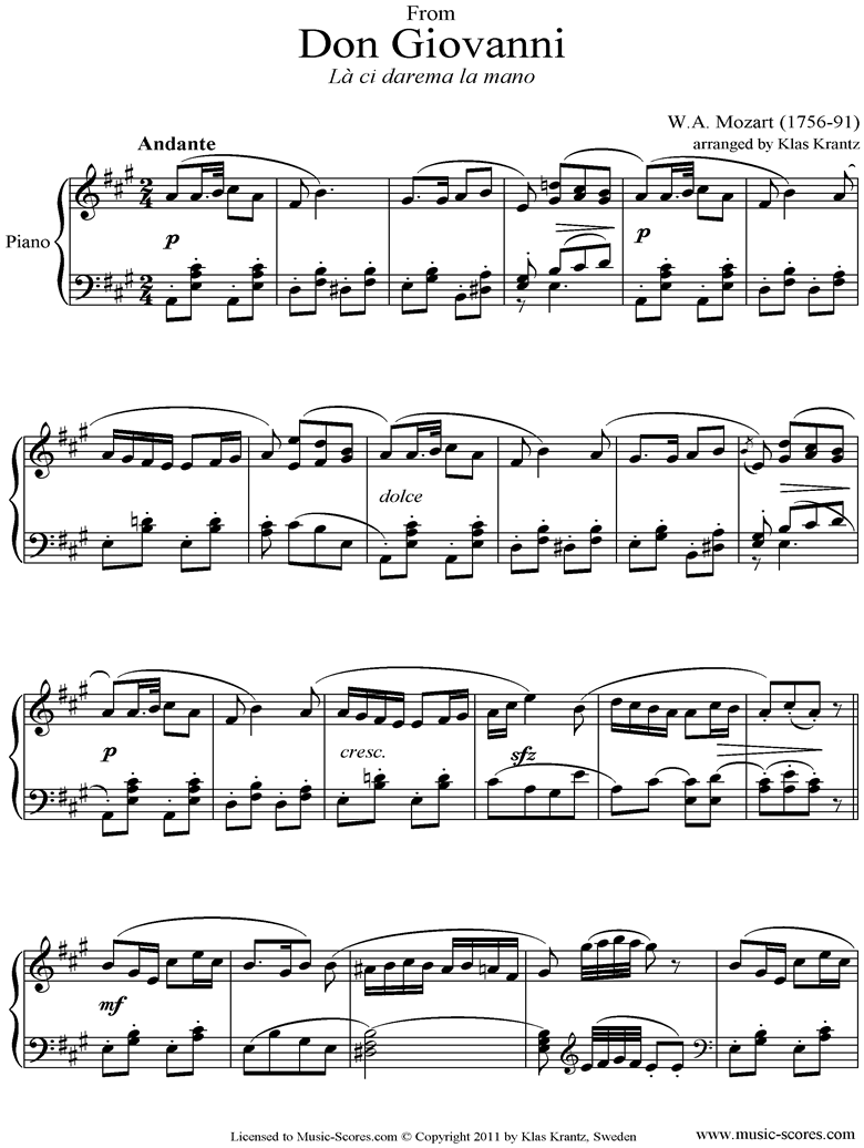 Don Giovanni: La Ci Darem la Mano: Piano solo by Mozart
