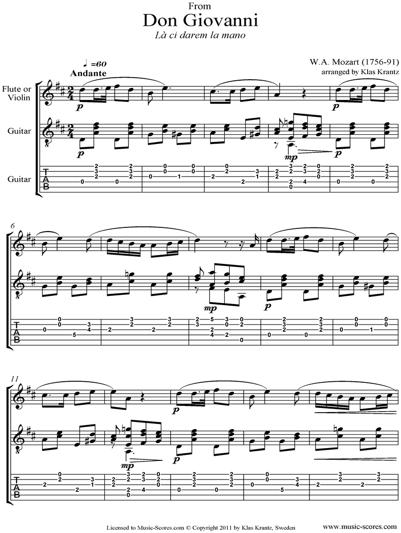 Don Giovanni: La Ci Darem la Mano: Flute and Guitar plus tabs by Mozart