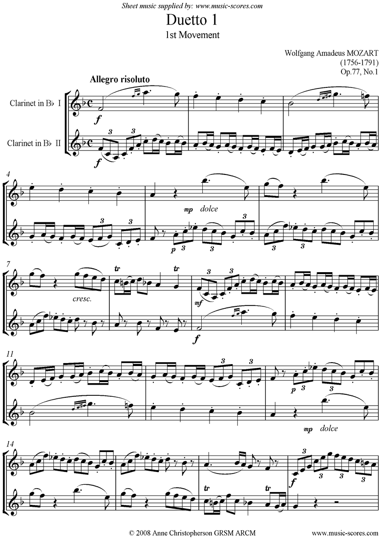 Front page of Op.77 Clarinet Duo: No.1, 1st mvt sheet music