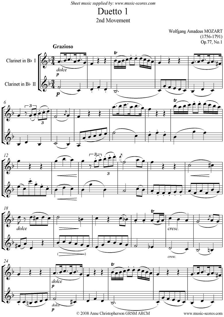 Front page of Op.77 Clarinet Duo: No.1, 2nd mvt sheet music