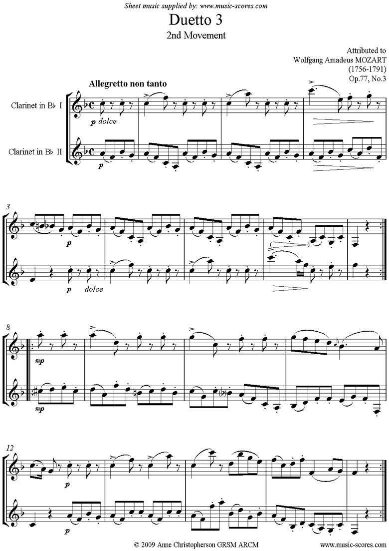 Front page of Op.77 Clarinet Duo: No.3, 2nd mvt sheet music
