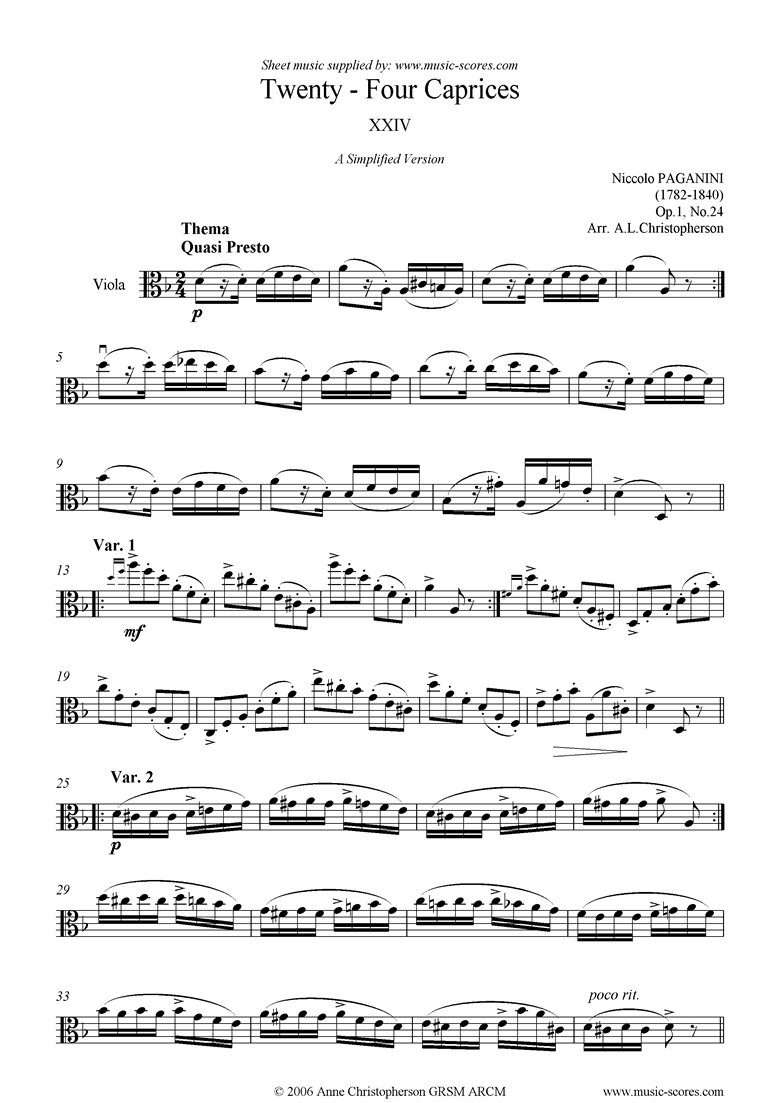 Front page of Op.1: Caprice no. 24: Viola sheet music