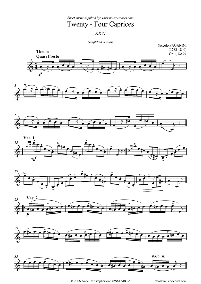 Front page of Op.1: Caprice no. 24: Simplified Violin sheet music