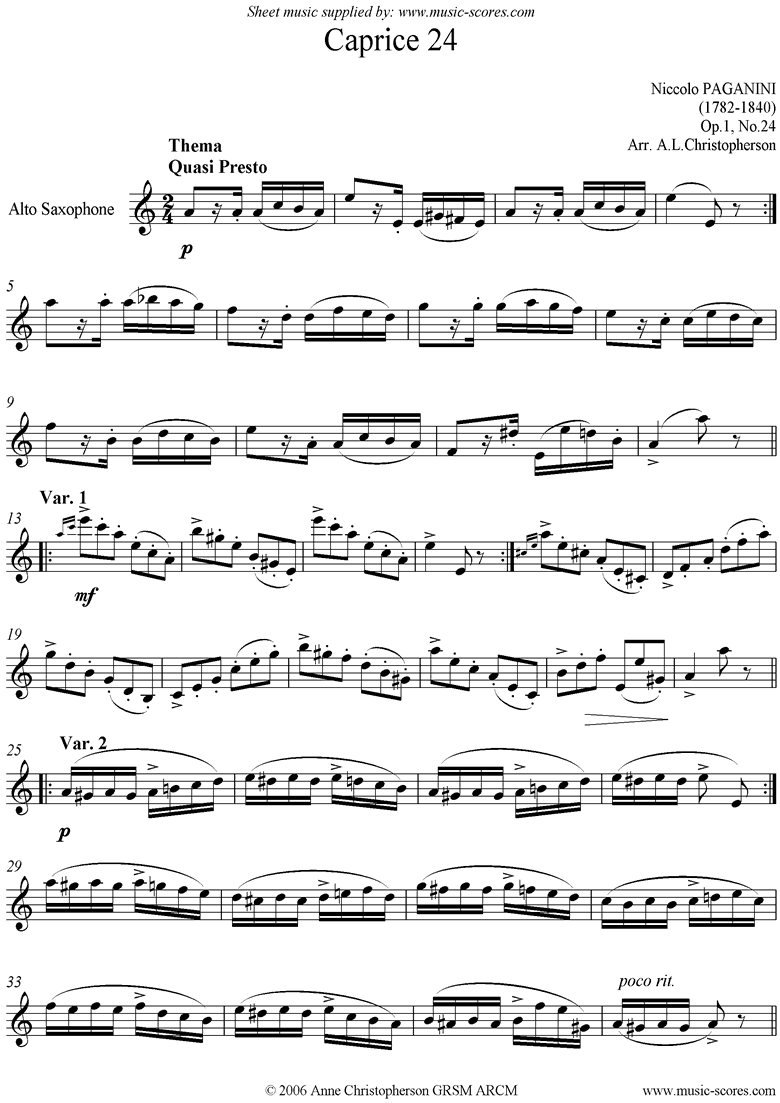 Front page of Op.1: Caprice no. 24: Alto Sax in A minor sheet music