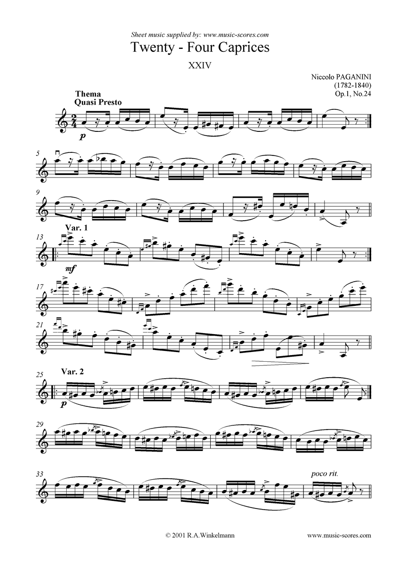 Front page of Op.1: Caprice no. 24 in A minor sheet music