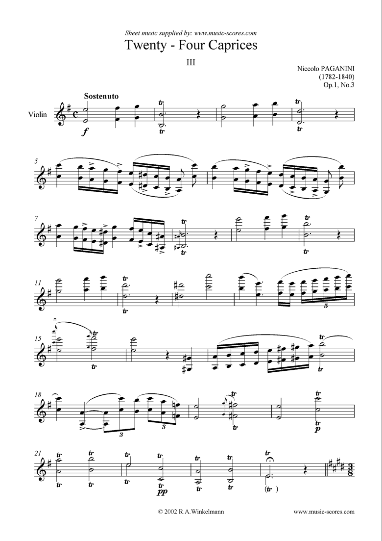 Front page of Op.1: Caprice no. 03 in E minor sheet music