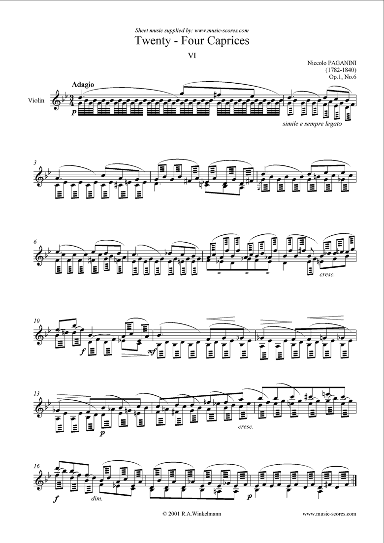 Front page of Op.1: Caprice no. 06 in G minor sheet music