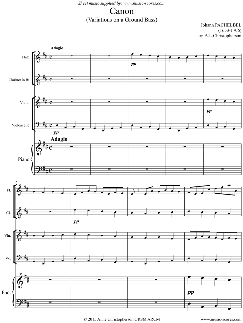Front page of Canon: Flute, Clarinet, Violin, Cello, Piano sheet music