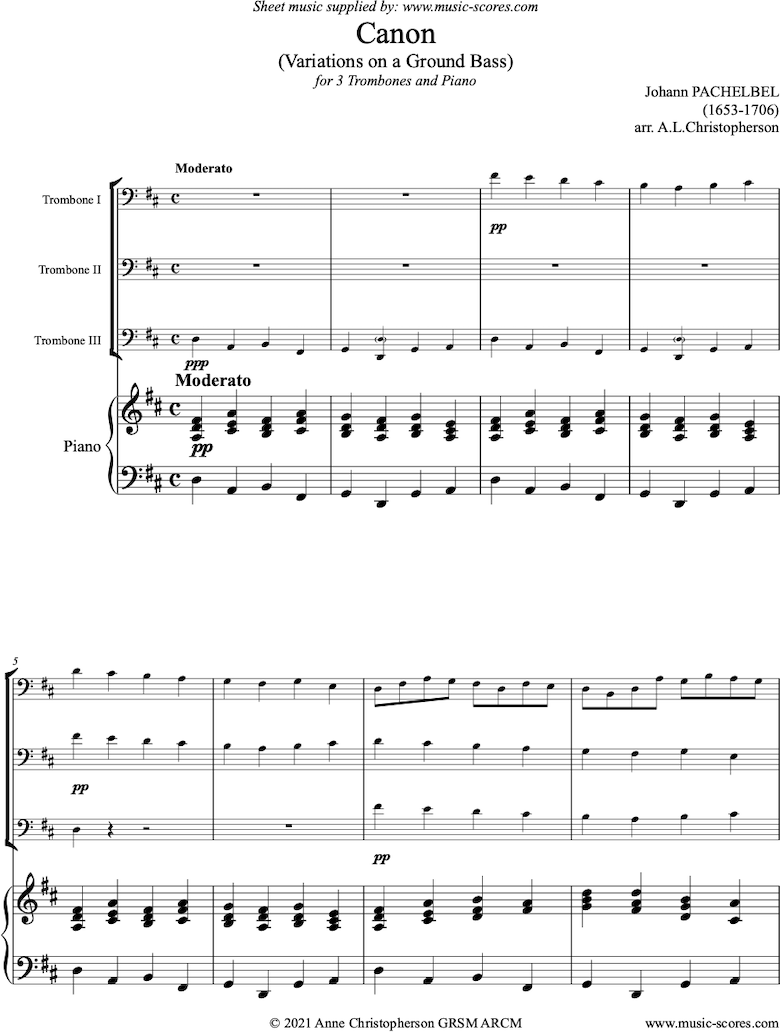 Front page of Canon: for 3 Trombones and piano sheet music