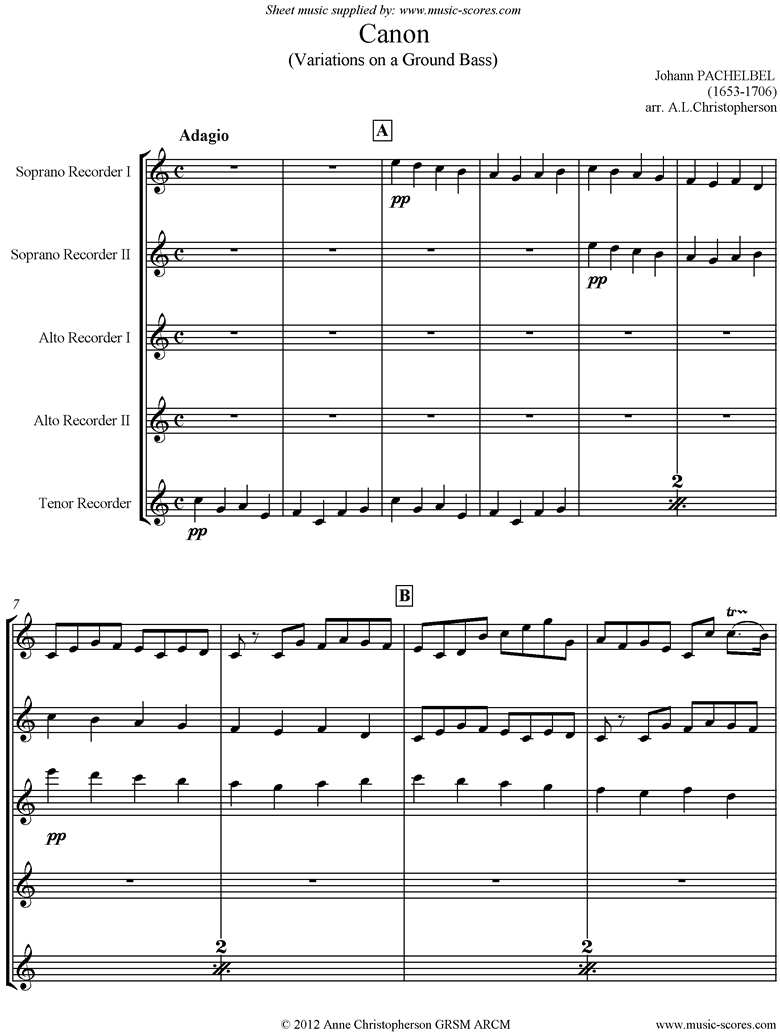 Canon: 2 Descants, 2 Altos, 1 Tenor: Recorder Quintet by Pachelbel